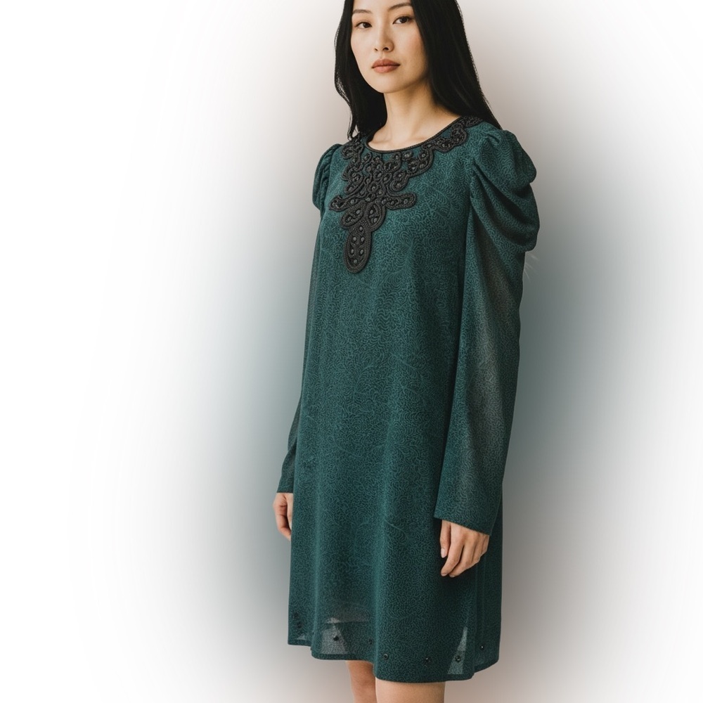 French Connection Moon Moire Embellished Long Sleeve Dress Green